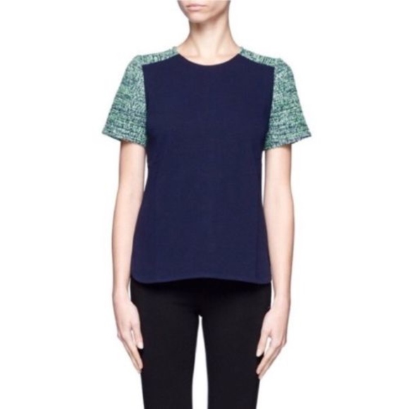 J.Crew Navy Blue Green White Tweed Sleeve Top - Picture 2 of 8
